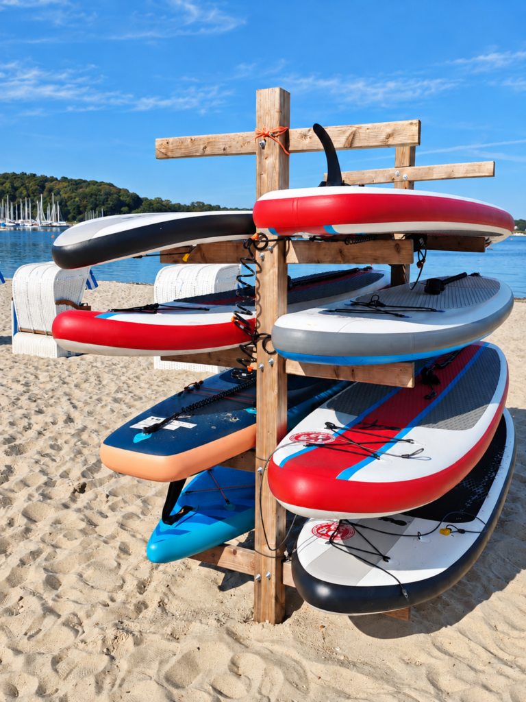 Einzelne SUP-Boards auf einem Holzträger am Strand
