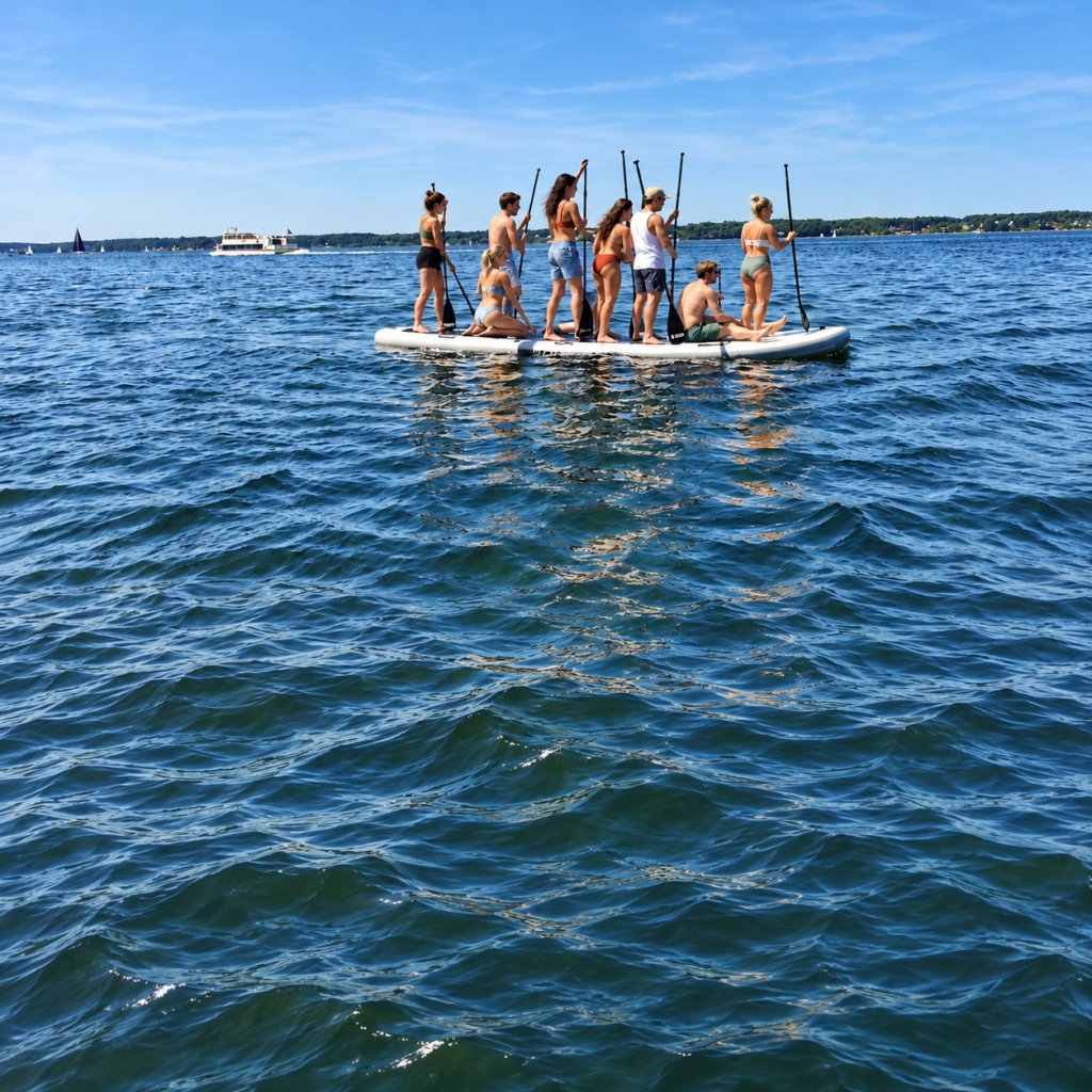 Team paddelt gemeinsam auf einem großen SUP-Board auf der Flensburger Förde