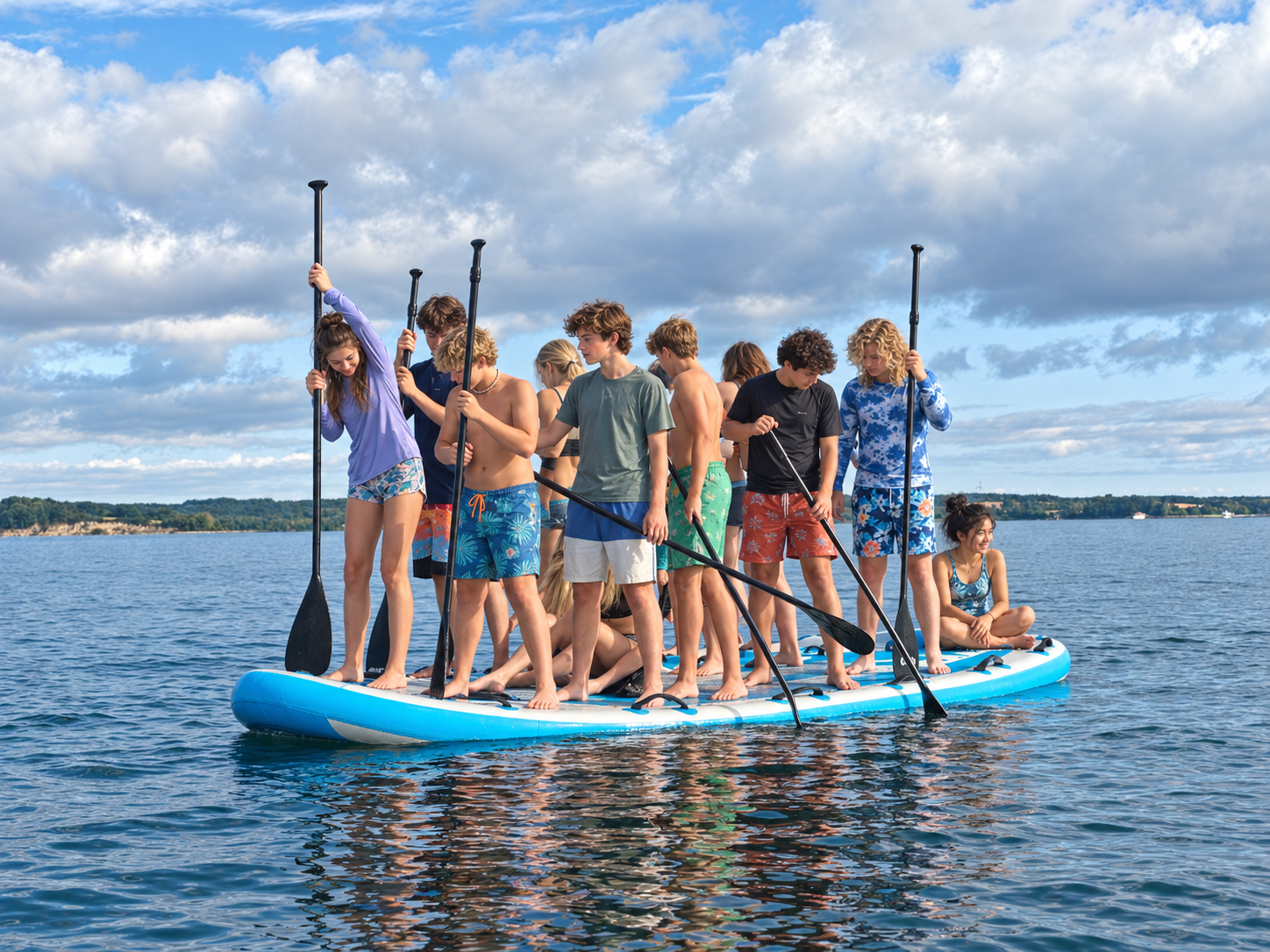 Jugendliche auf einem blauen SUP-Teamboard