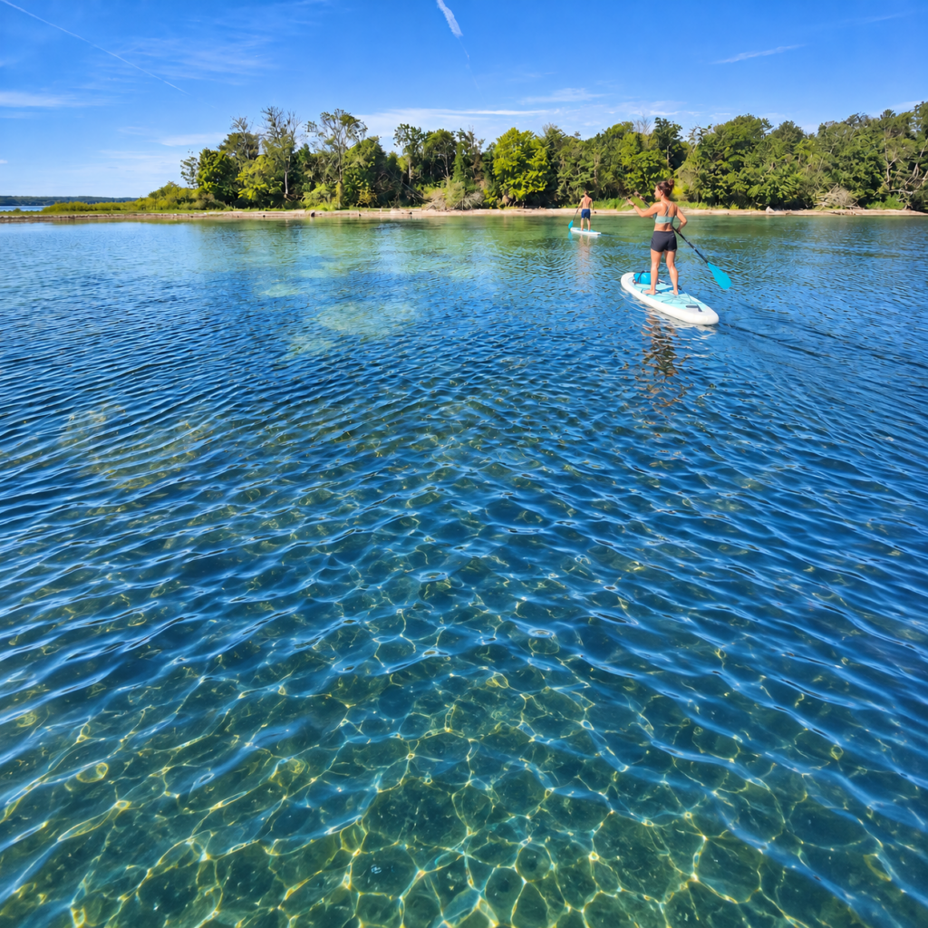 Stand-up-Paddler auf dem Wasser vor den Ochseninseln