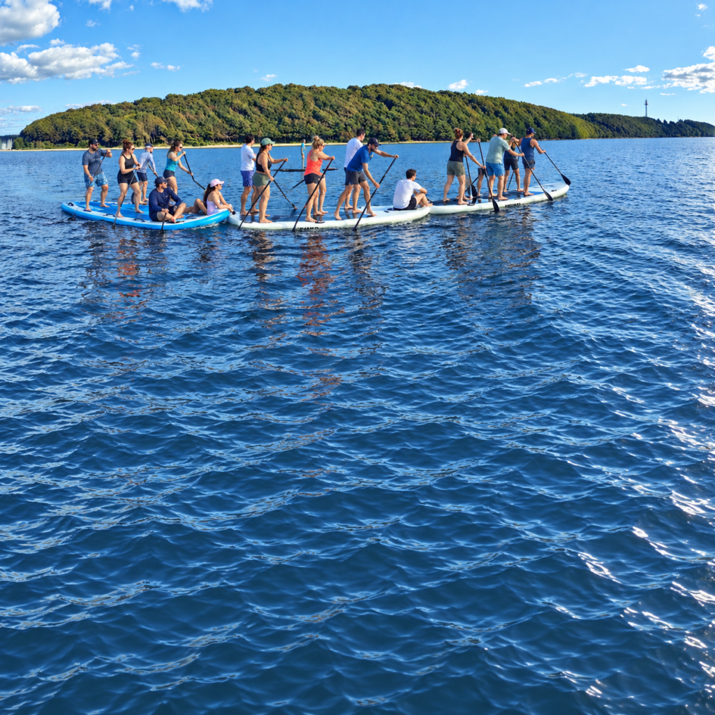 Gruppe auf SUP-Teamboards vor den Ochseninseln